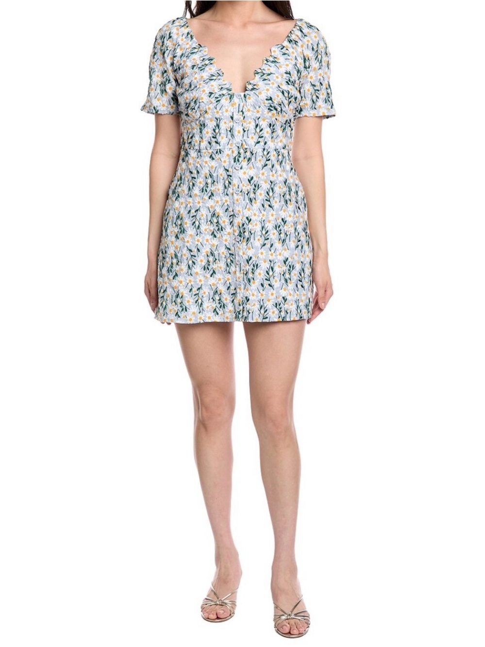 Lost + Wander Breath of Youth Floral V-Neck Mini Dress in Blue, Yellow, Green